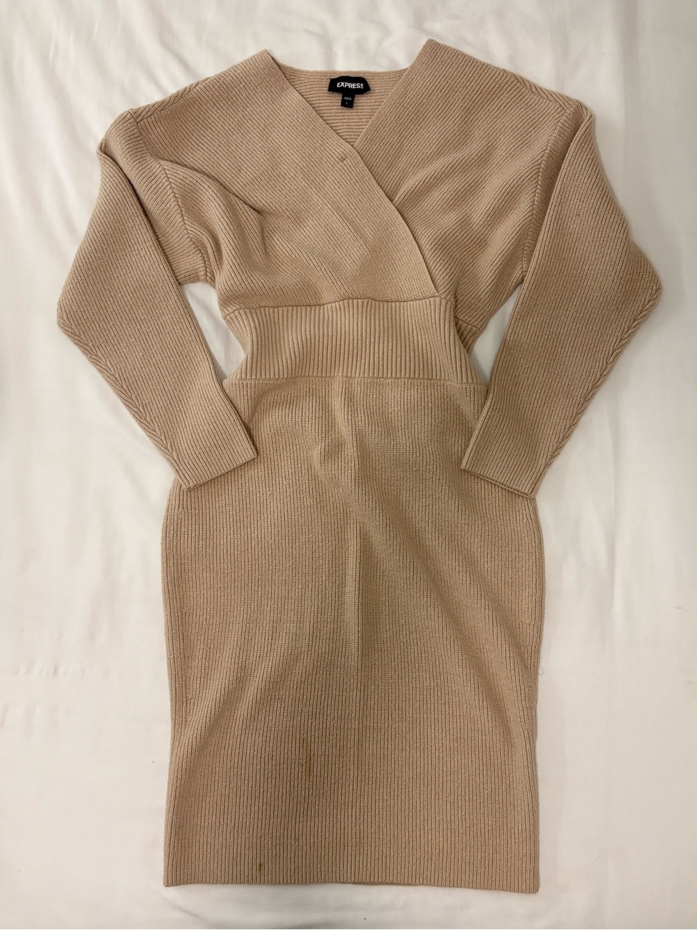 Express Tan Ribbed Wrap-Front Long Sleeve Midi Dress